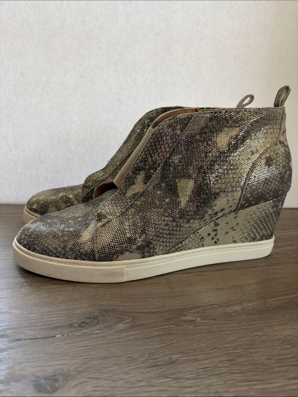 Linea Paolo Metallic Snake Print Wedge Sneakers